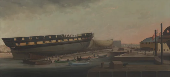 Das Aufrichten der Fregatte Seiner Majestät Diana in Blackburns Werft, nahe Plymouth